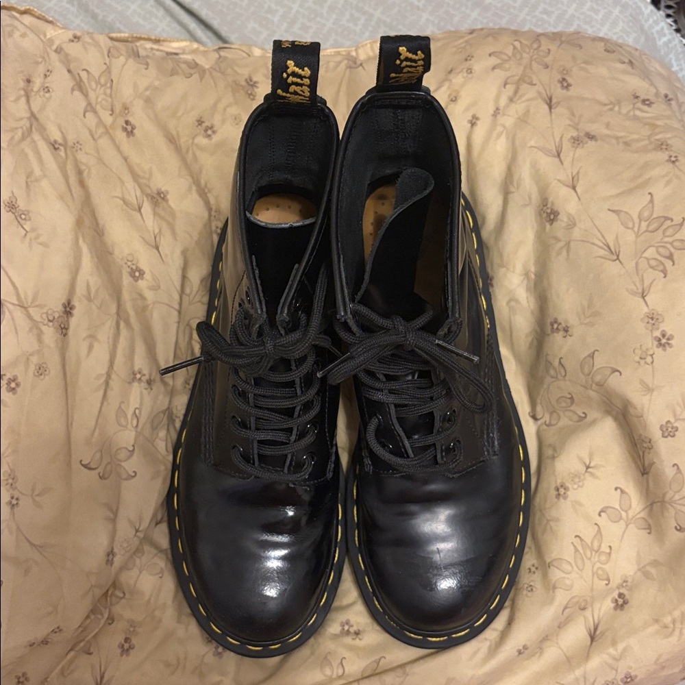 Dr. Martens Black Leather Combat Boots with Yellow Stitching